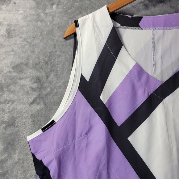 Sleeveless‎ Shift Dress Womens 1XL Purple White Geometric Print Modern Retro - Picture 2 of 8